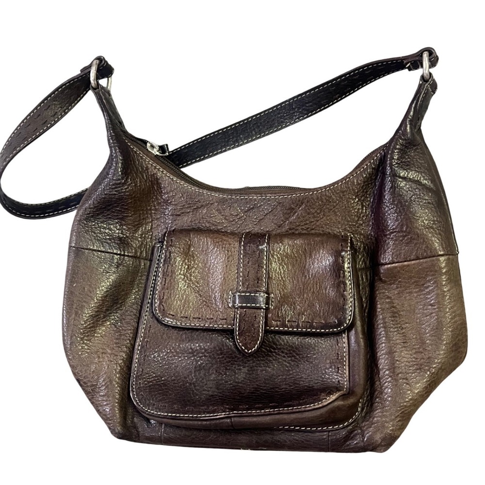 Fossil Brown Leather Shoulder Bag Hobo Y2K Front Pocket Contrast Stitch Zip Top
